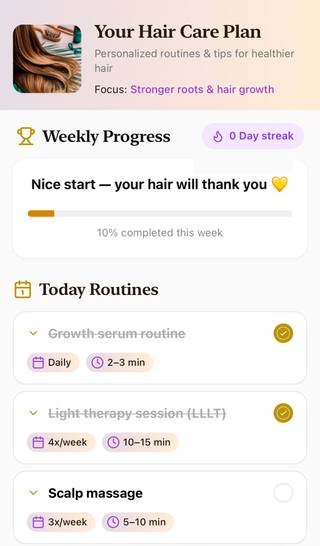 HairHunt app screen with a personalized hair care plan and routines