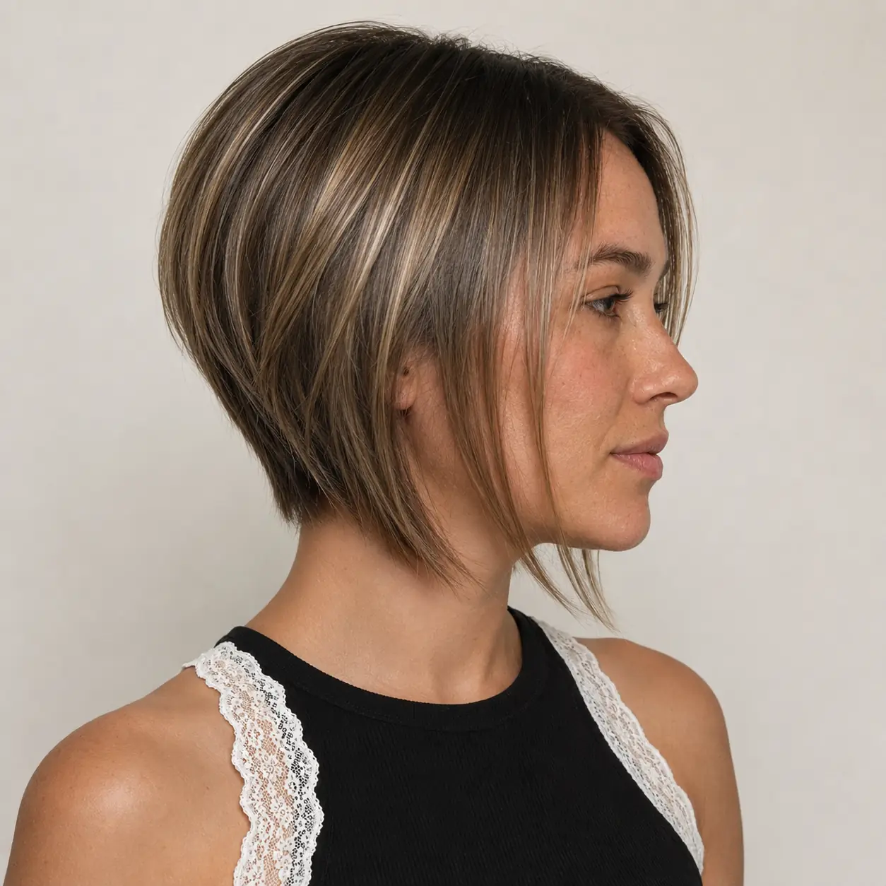 Sleek bronde bob stacked at the back and angled toward the front for crown volume on fine hair