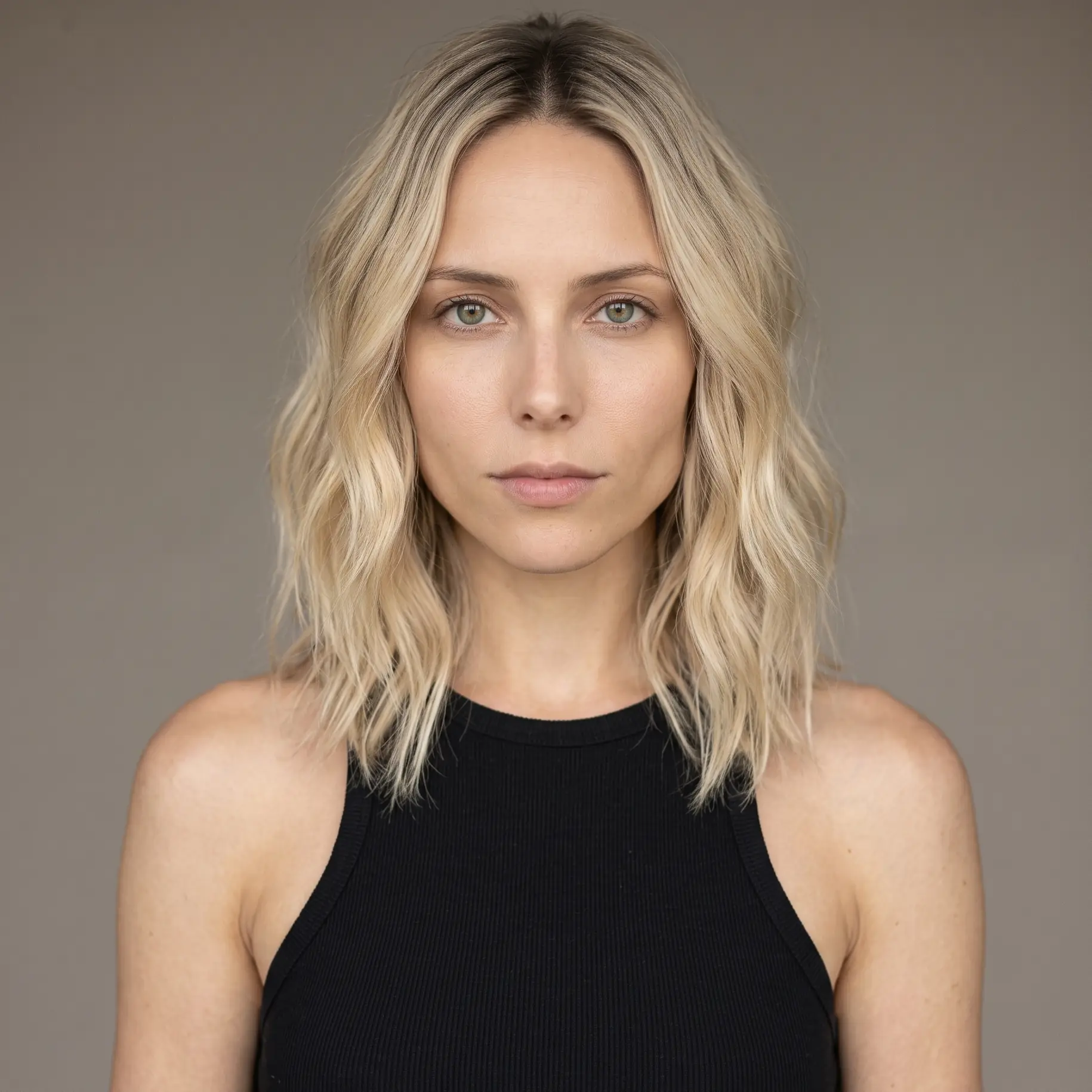 Center-parted blonde lob with airy beach waves keeping fine hair casual and full