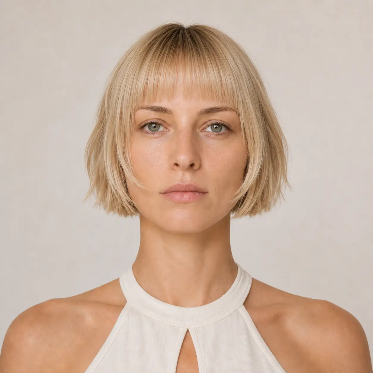 Chin-length blonde blunt bob with a full straight fringe for maximum density on fine hair