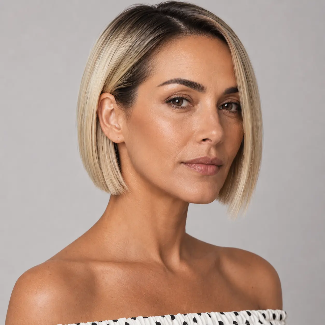 Sleek blonde blunt bob with a shadow root making the crown look denser on fine hair