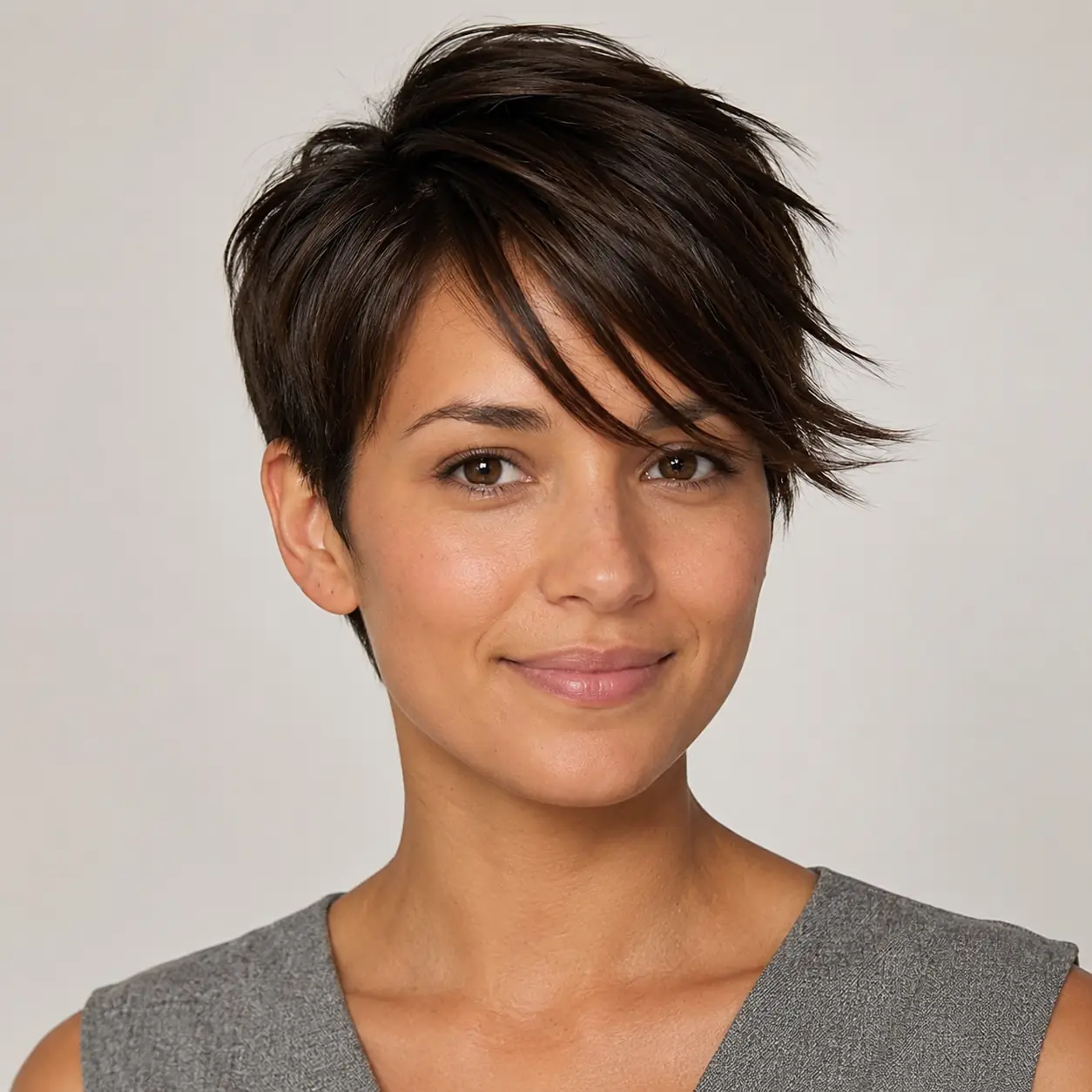 Choppy dark brown pixie with a piecey side fringe and textured movement on fine hair