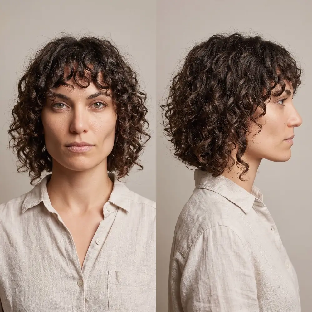 Dark curly bob with a soft fringe giving fine curls a rounded face-framing shape
