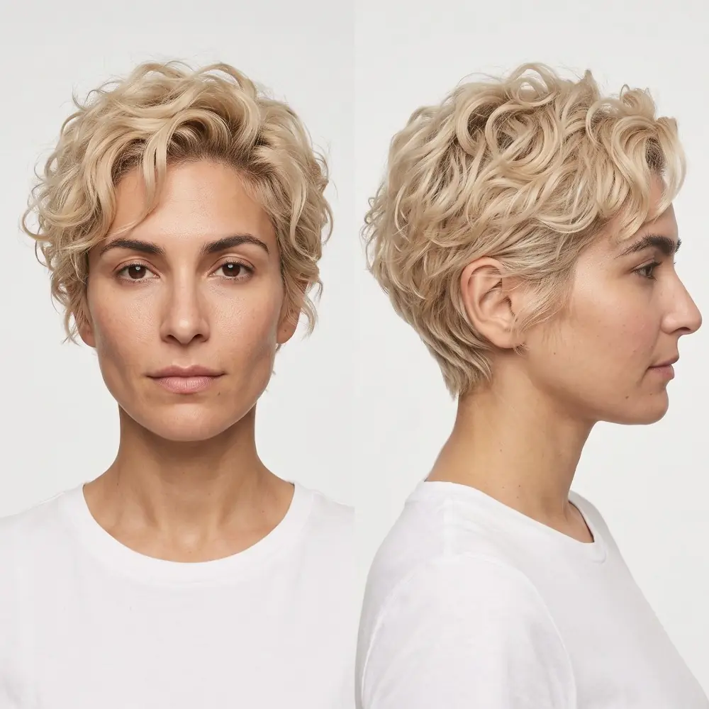 Curly blonde pixie letting fine natural curls build volume all over
