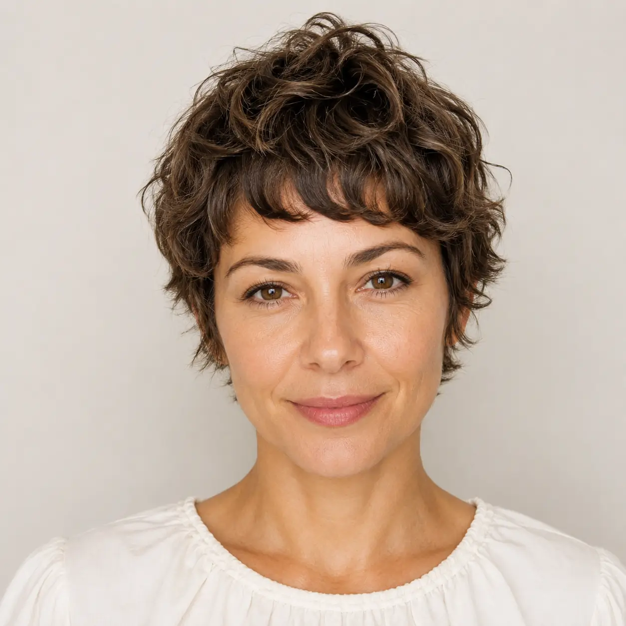 Tousled brown curly pixie turning fine natural curls into built-in volume