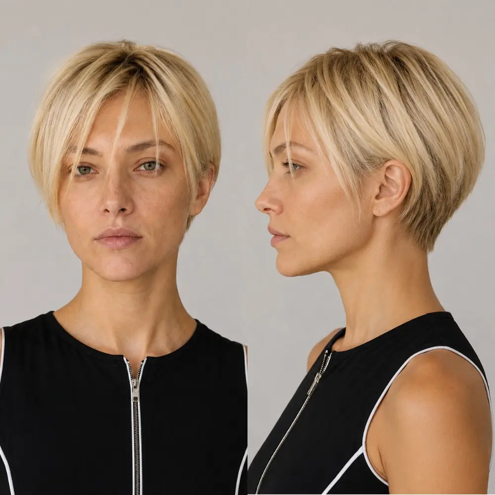 Feathered soft-layered blonde pixie with airy movement on mature fine hair