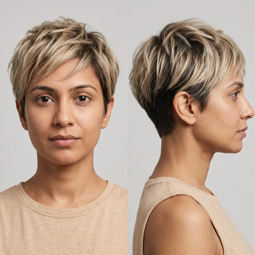 Textured blonde pixie with soft highlights and a layered top adding dimension on fine hair