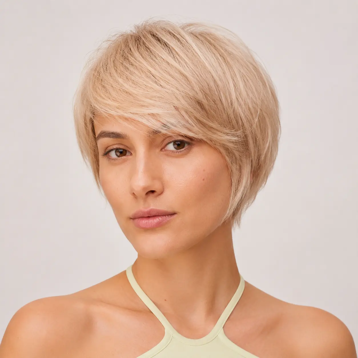 Strawberry-blonde pixie-bob with a longer top over tapered sides for volume on fine hair