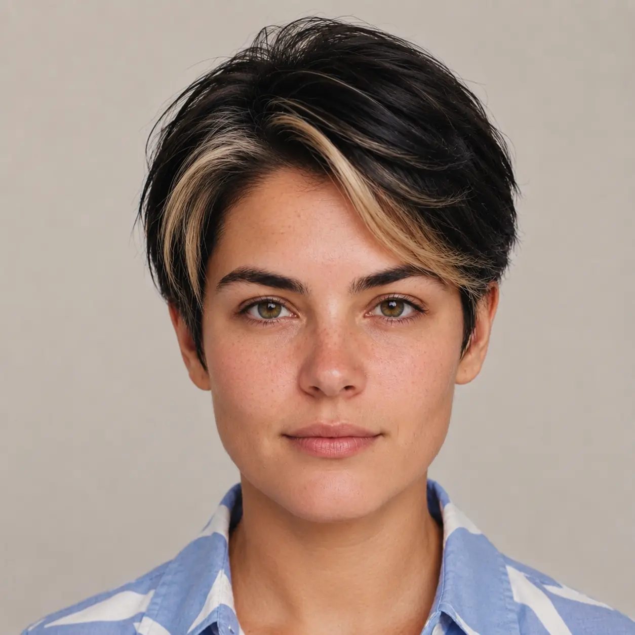 Dark pixie with a longer top and a brighter blonde money-piece fringe adding depth on fine hair