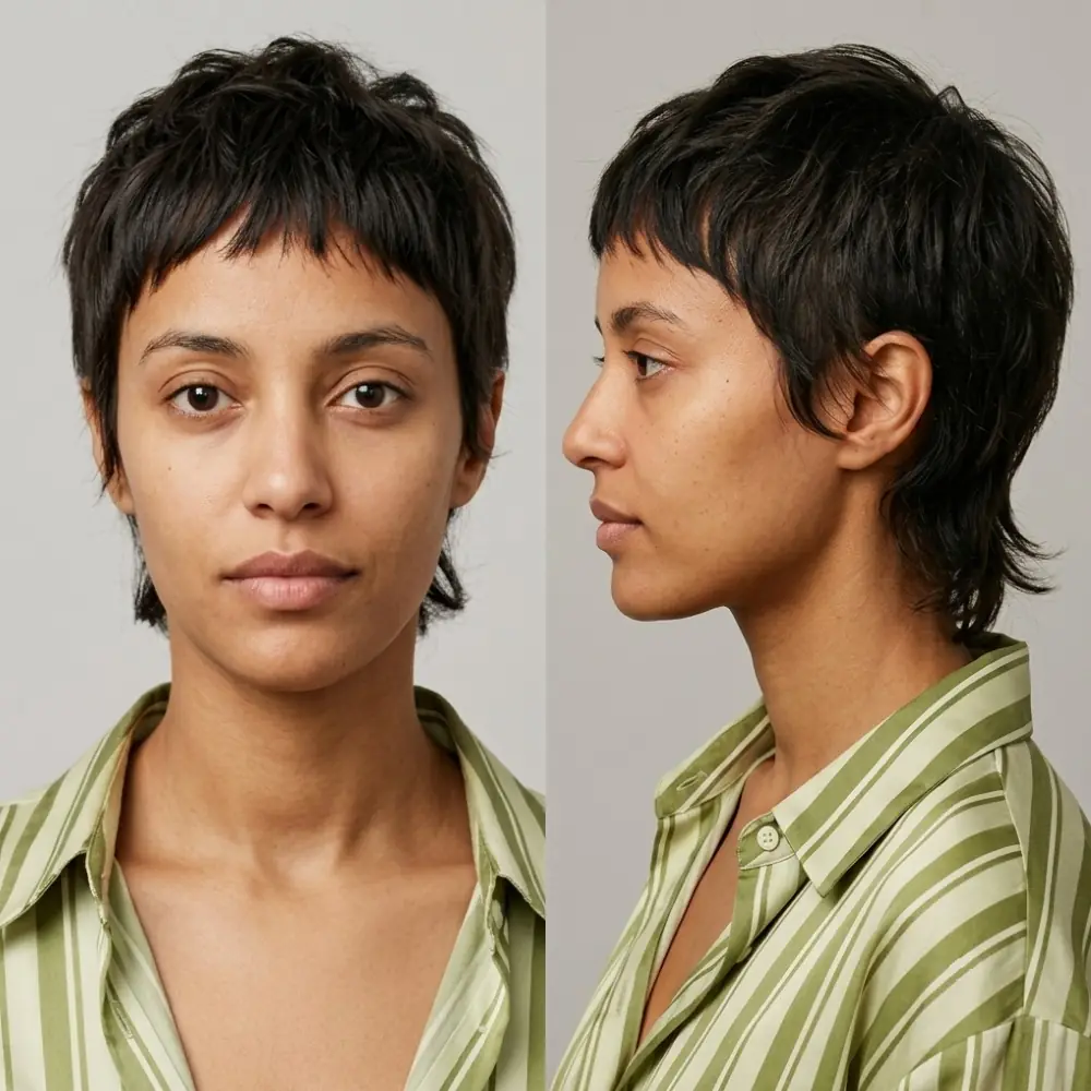 Close-cropped dark brown micro pixie with subtle texture for an ultra-low-maintenance look on fine hair