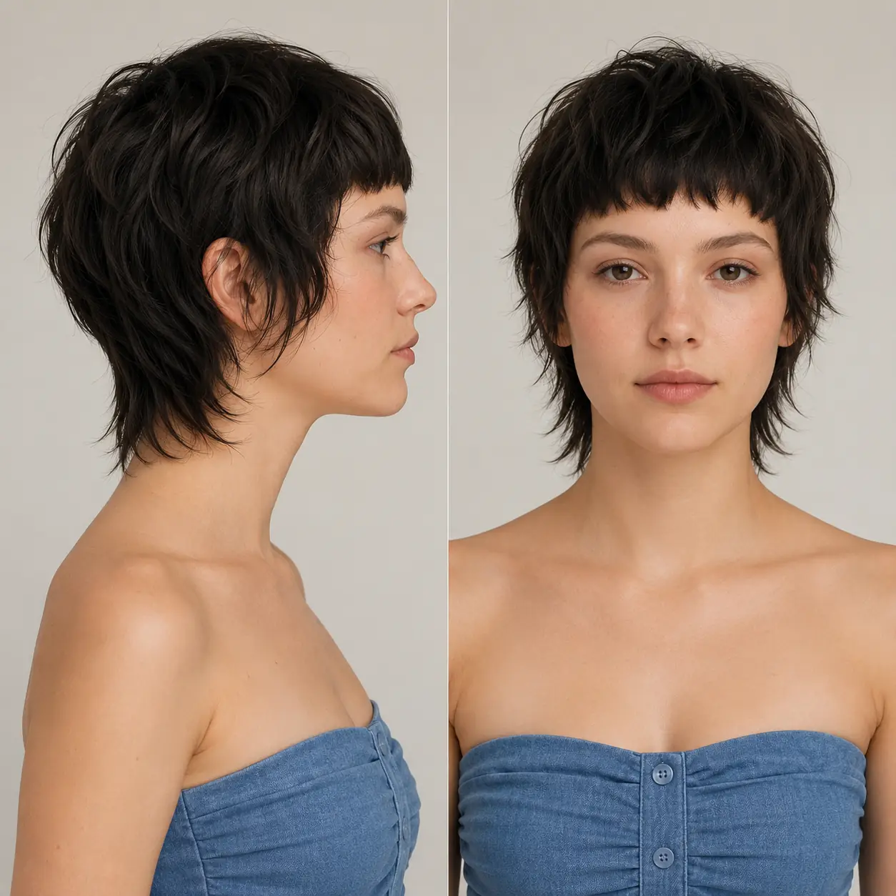 Very short dark micro pixie with baby bangs for a bold low-maintenance shape on fine hair