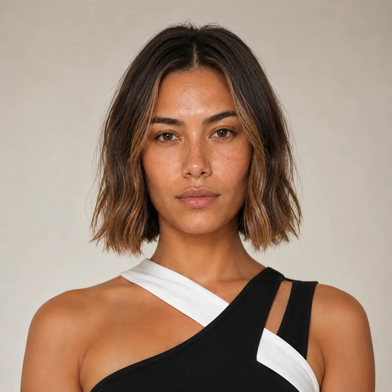 Center-parted brunette lob with a soft ombre and blunt ends adding length illusion on fine hair