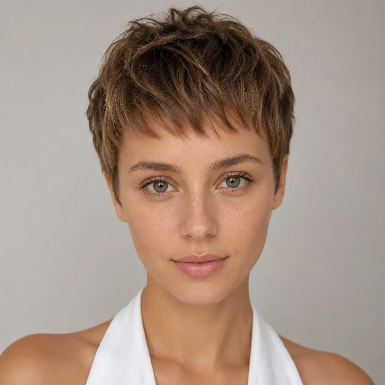 Brown pixie with a short micro baby fringe cut above the brows on fine textured hair