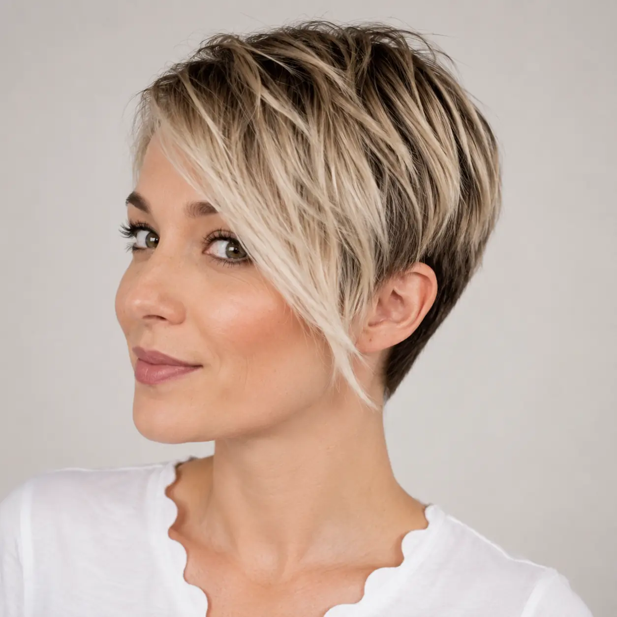 Rooted blonde pixie with a long sweeping side fringe and textured top on fine hair