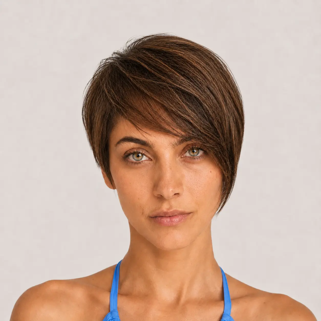 Chestnut pixie with a long fringe swept across the forehead and tapered sides on fine hair