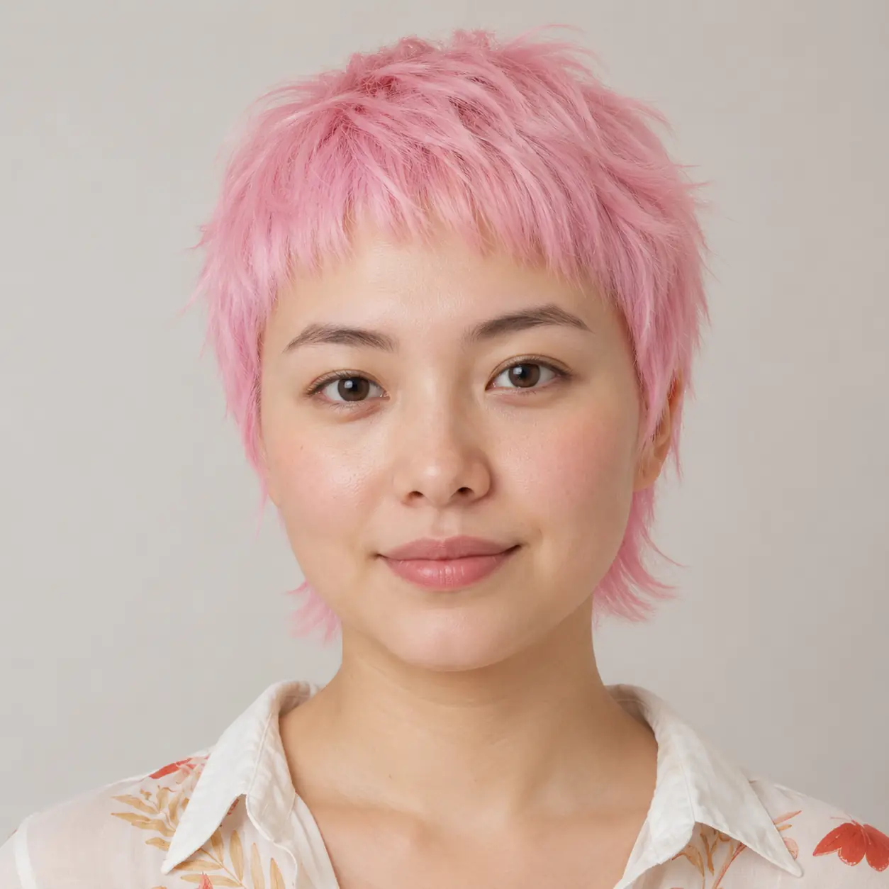 Shaggy pastel pink pixie-mixie with a soft fringe adding the look of density on fine hair