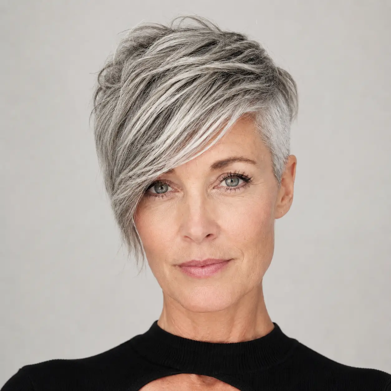 Salt-and-pepper pixie styled into a soft lifted quiff adding height on fine hair
