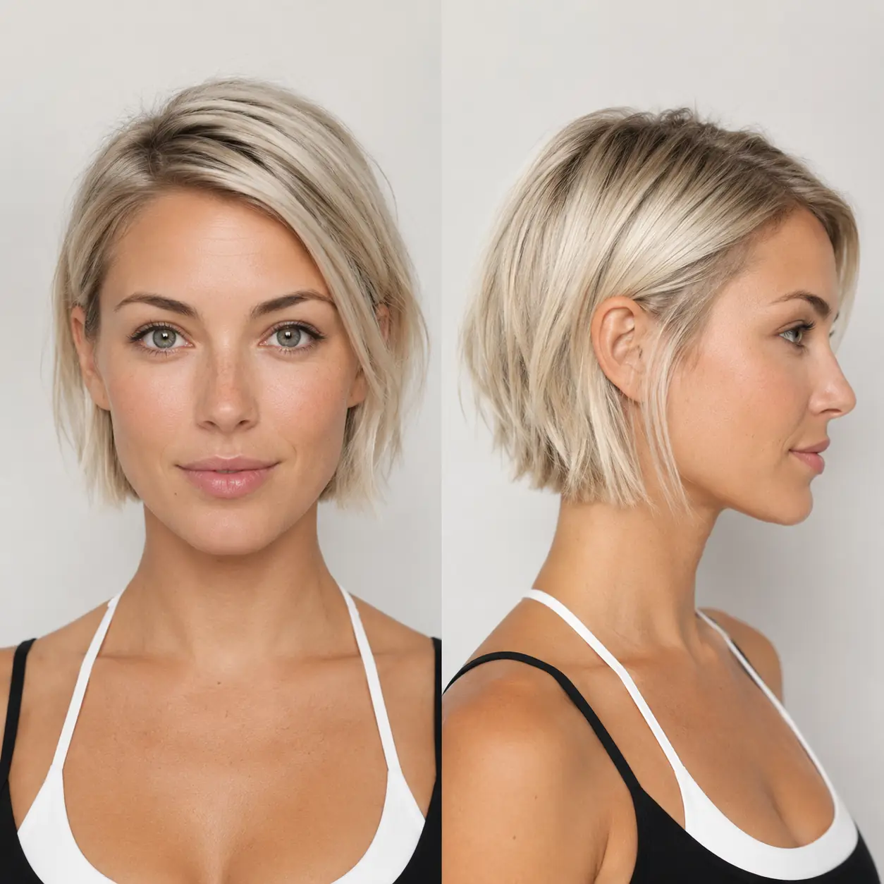 Rounded blonde pixie-bob with lift up top and a soft full perimeter on fine hair