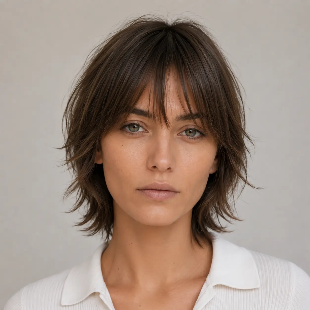 Brown shag bob with curtain bangs and internal layering adding movement on fine hair