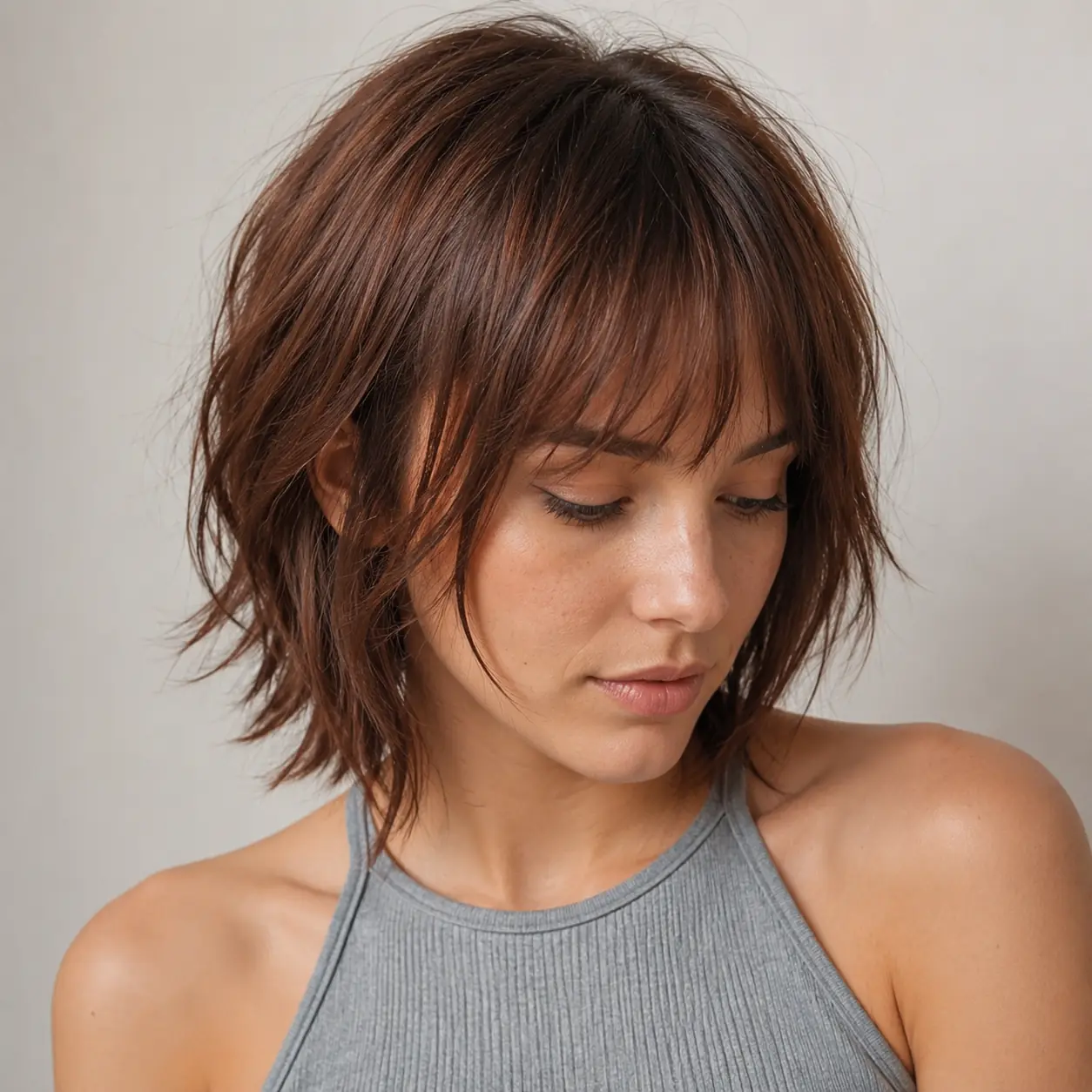 Auburn shaggy bob with soft layers and wispy center-split bangs on fine hair