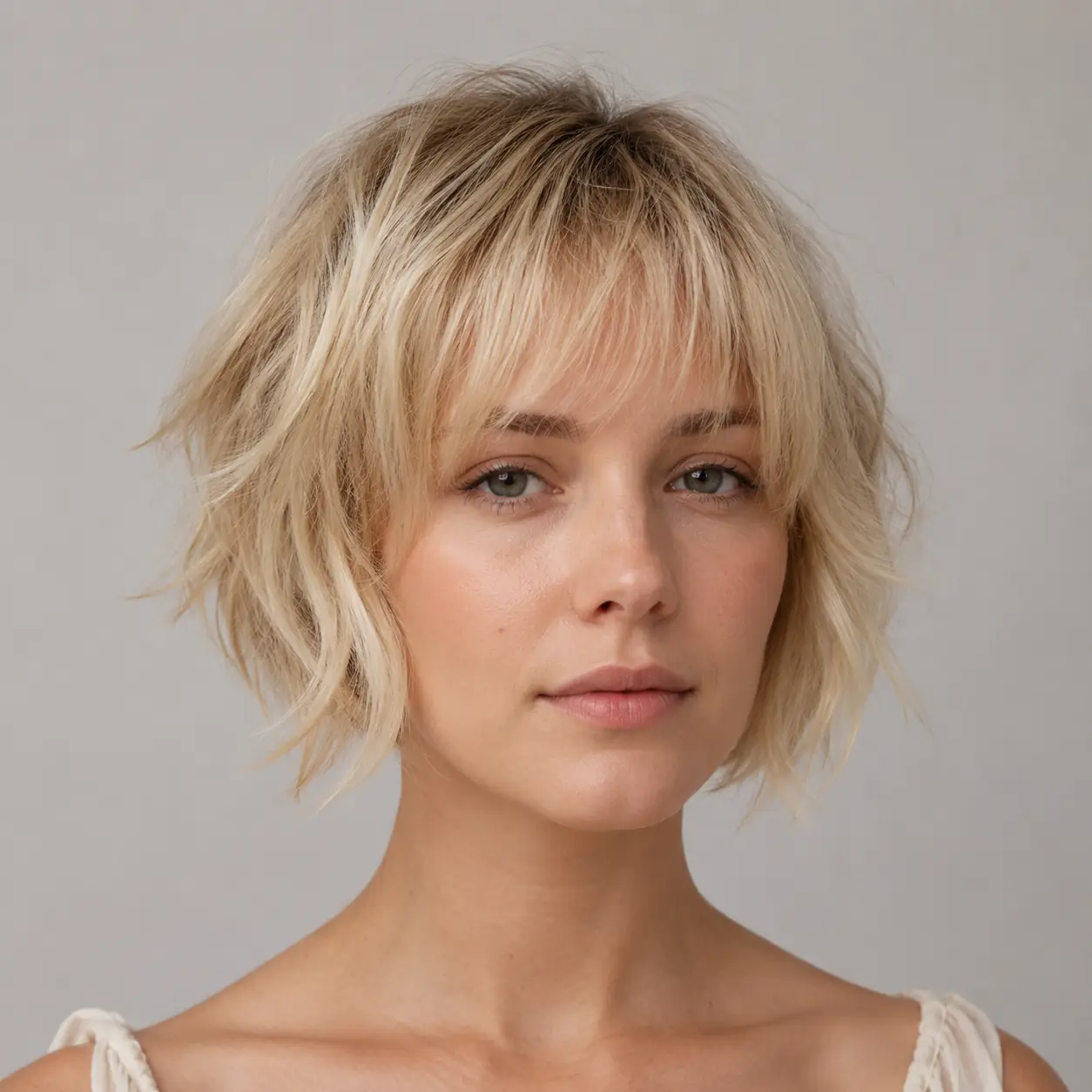 Blonde shaggy bob with soft layers and a wispy fringe faking fullness on fine hair