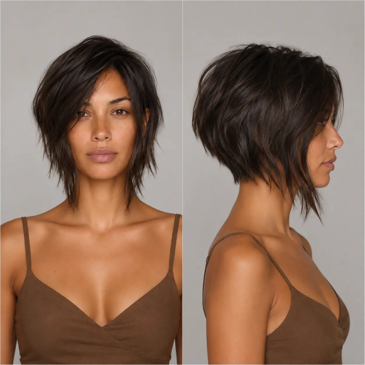 Brown shaggy pixie-bob layering texture through the top and sides to fake fullness on fine hair