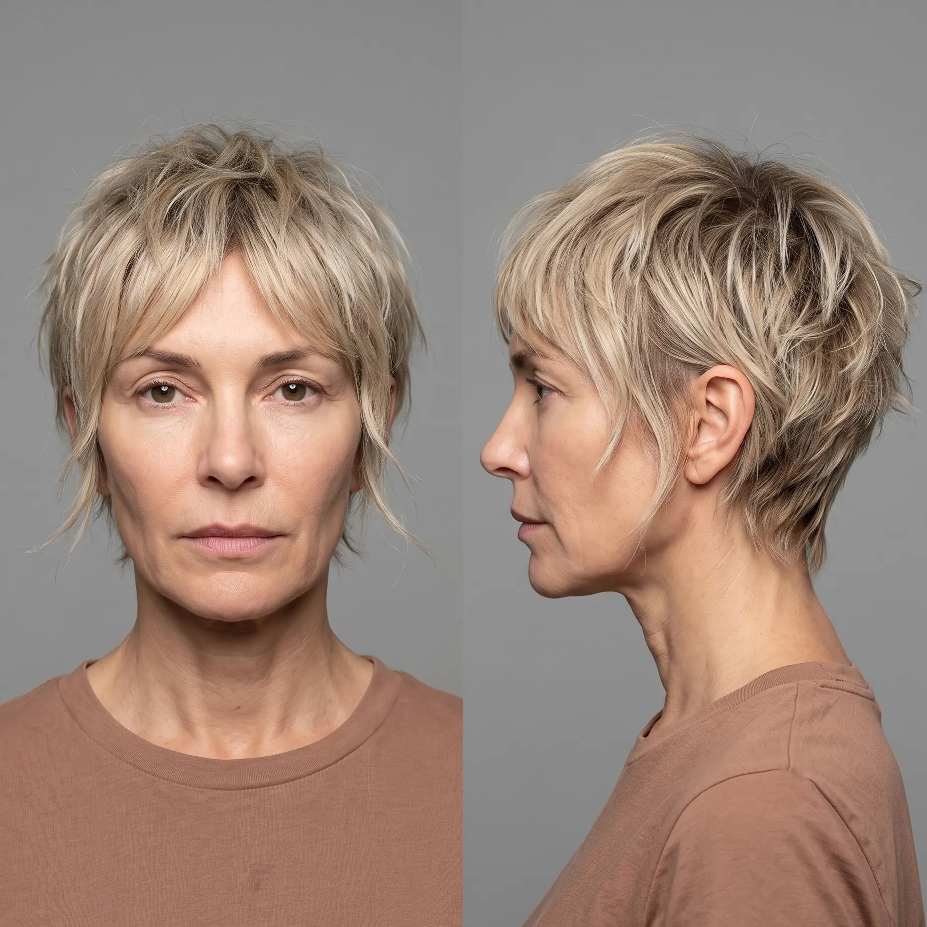 Soft shaggy blonde pixie with piecey texture building volume on mature fine hair