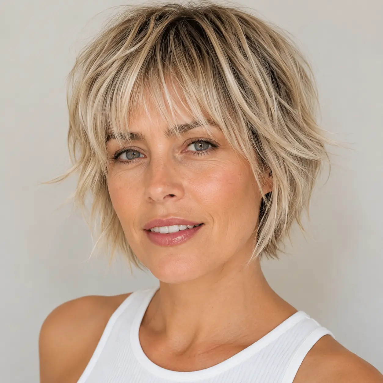 Blonde shaggy pixie with a wispy fringe and piecey layers faking density on fine hair