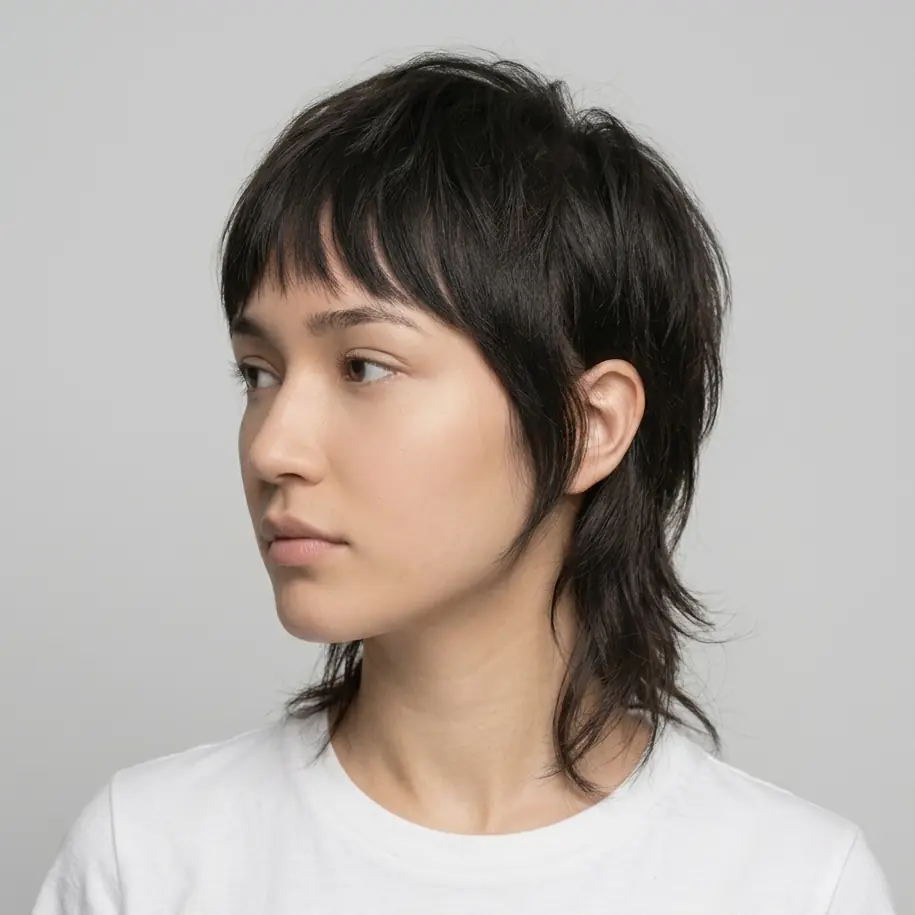 Dark shaggy pixie-mullet with a longer textured nape and disconnected layers on fine hair