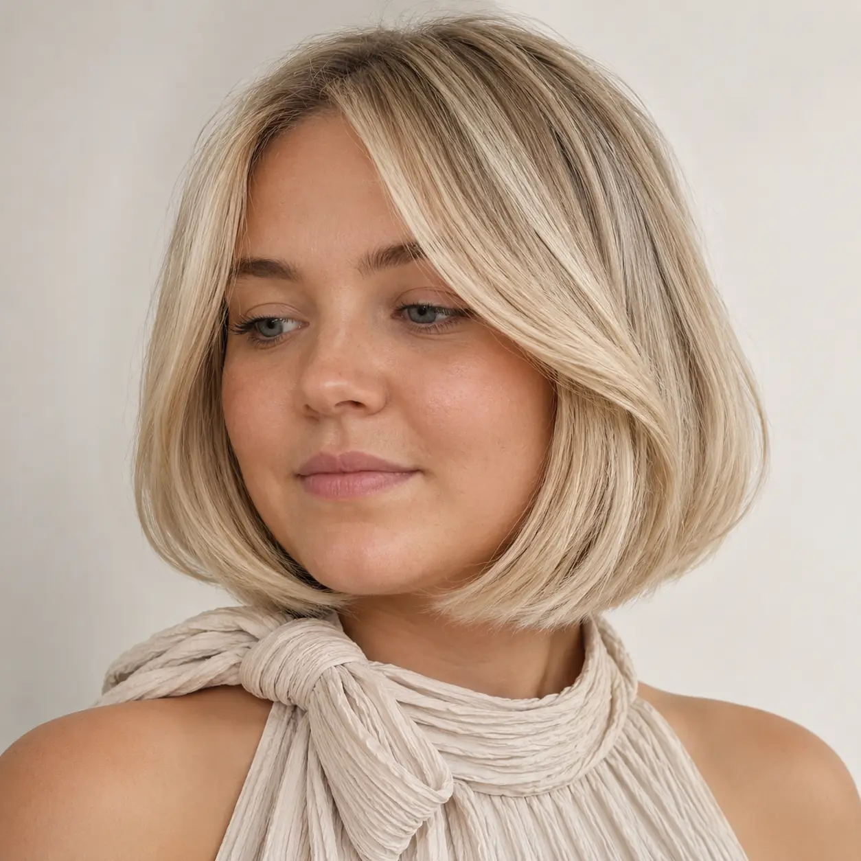 Soft blonde bob with a deep side part adding root lift on the heavier side on fine hair