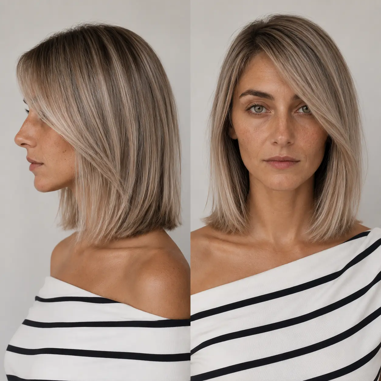 Soft ash-blonde lob swept to one side adding asymmetry and root lift on fine hair