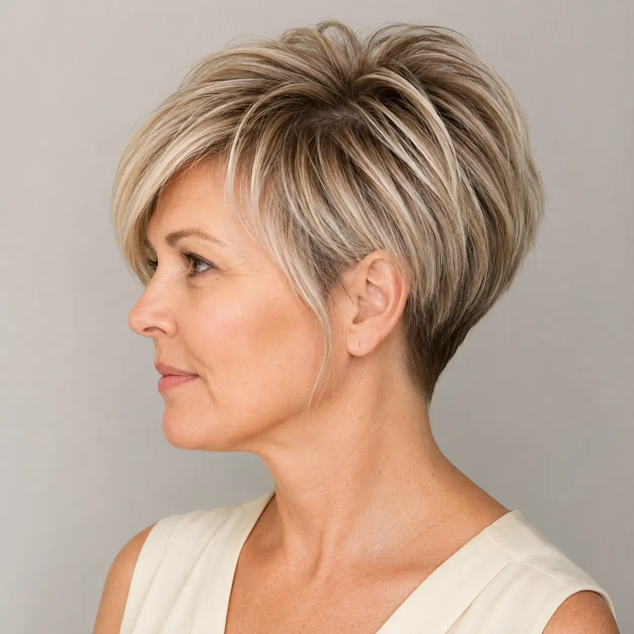 Soft side-swept silver-blonde pixie with airy layers on a mature fine-haired woman