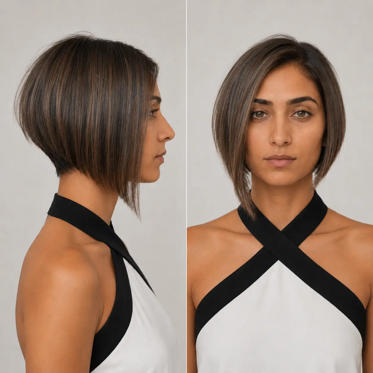 Precise dark brown A-line bob angled toward the front for a rounded back on fine hair