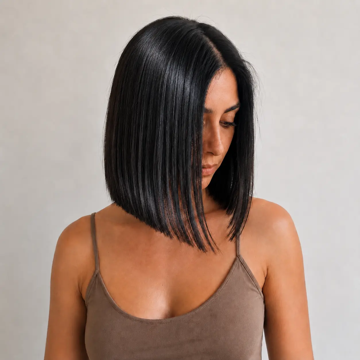 Glossy center-parted black lob using shine and a clean line to look dense on fine hair