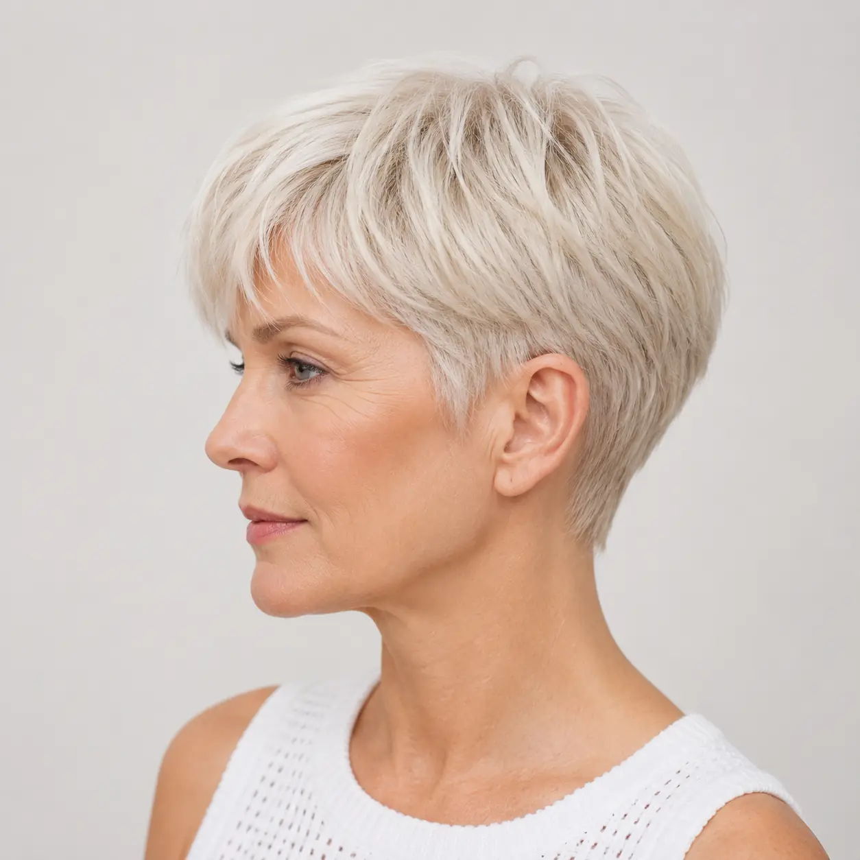 Refined side-swept silver pixie with a smooth finish on a mature fine-haired woman