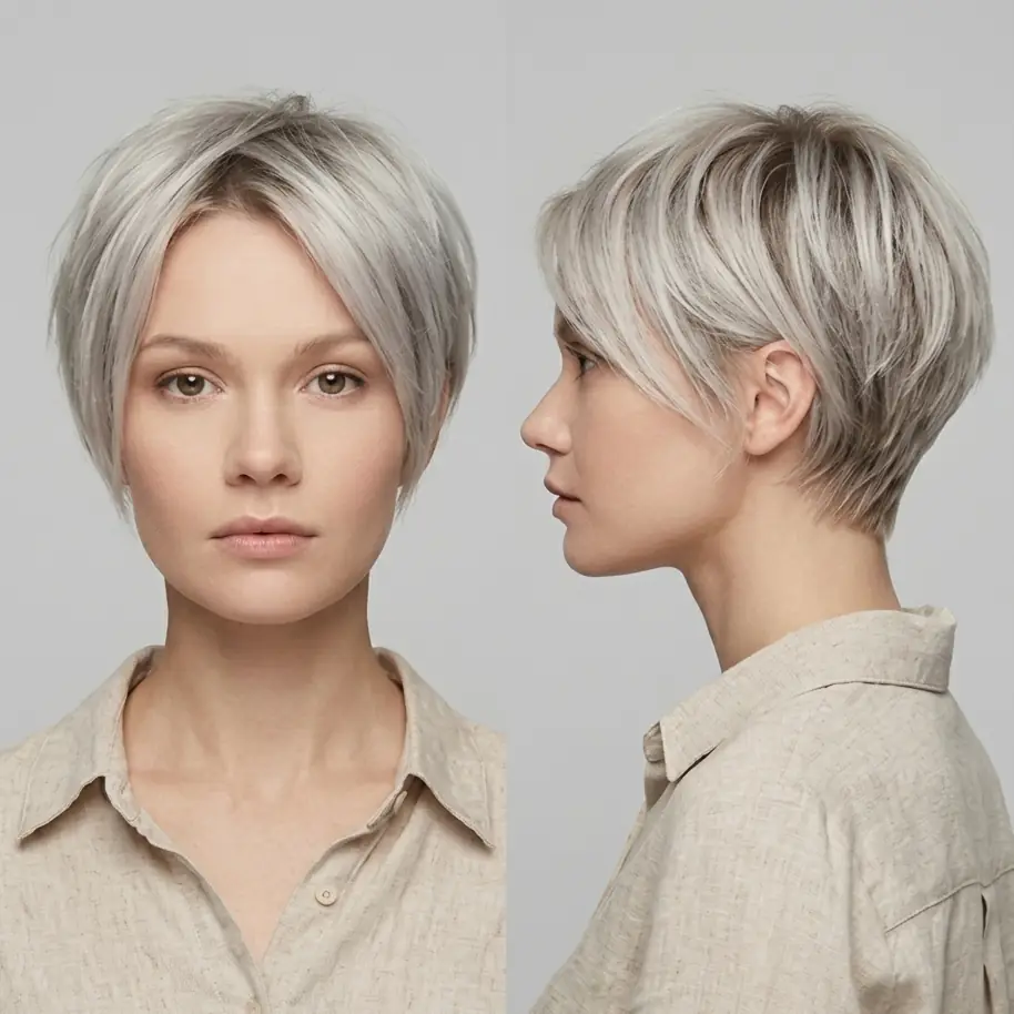 Polished silver pixie swept cleanly to one side for a sharp modern shape on fine hair