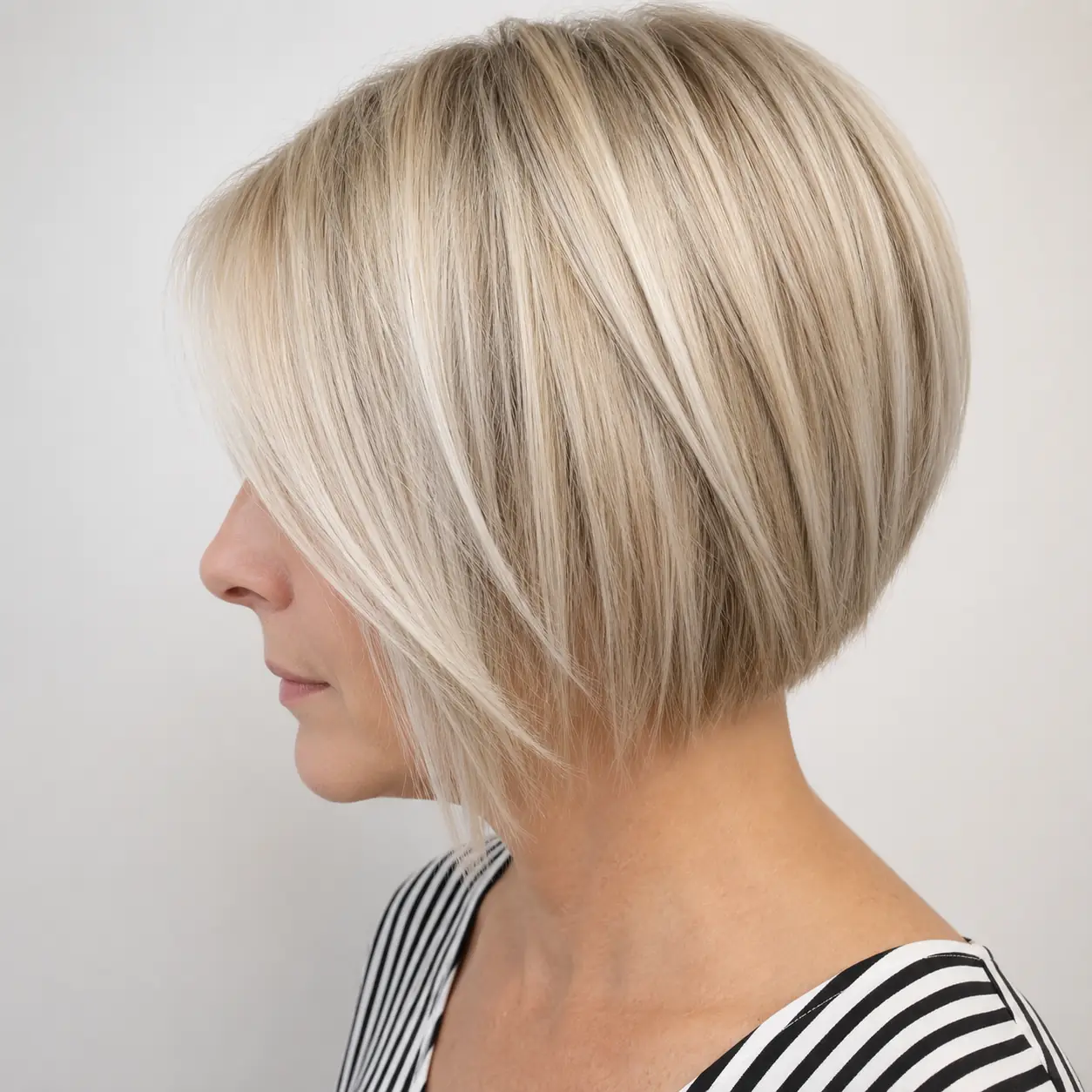 Platinum stacked A-line bob graduated at the back to lift the crown on fine hair