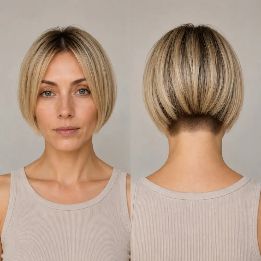 Blonde stacked bob with a lifted nape and dark roots building rounded volume on fine hair