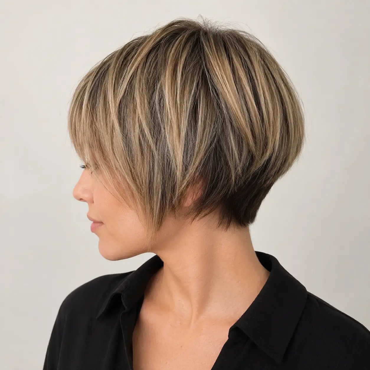Bronde stacked pixie-bob with graduated back layers and a longer face-framing front on fine hair