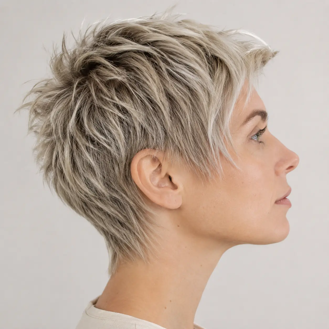 Spiky textured ash-blonde pixie with piecey layers building height at the crown on fine hair