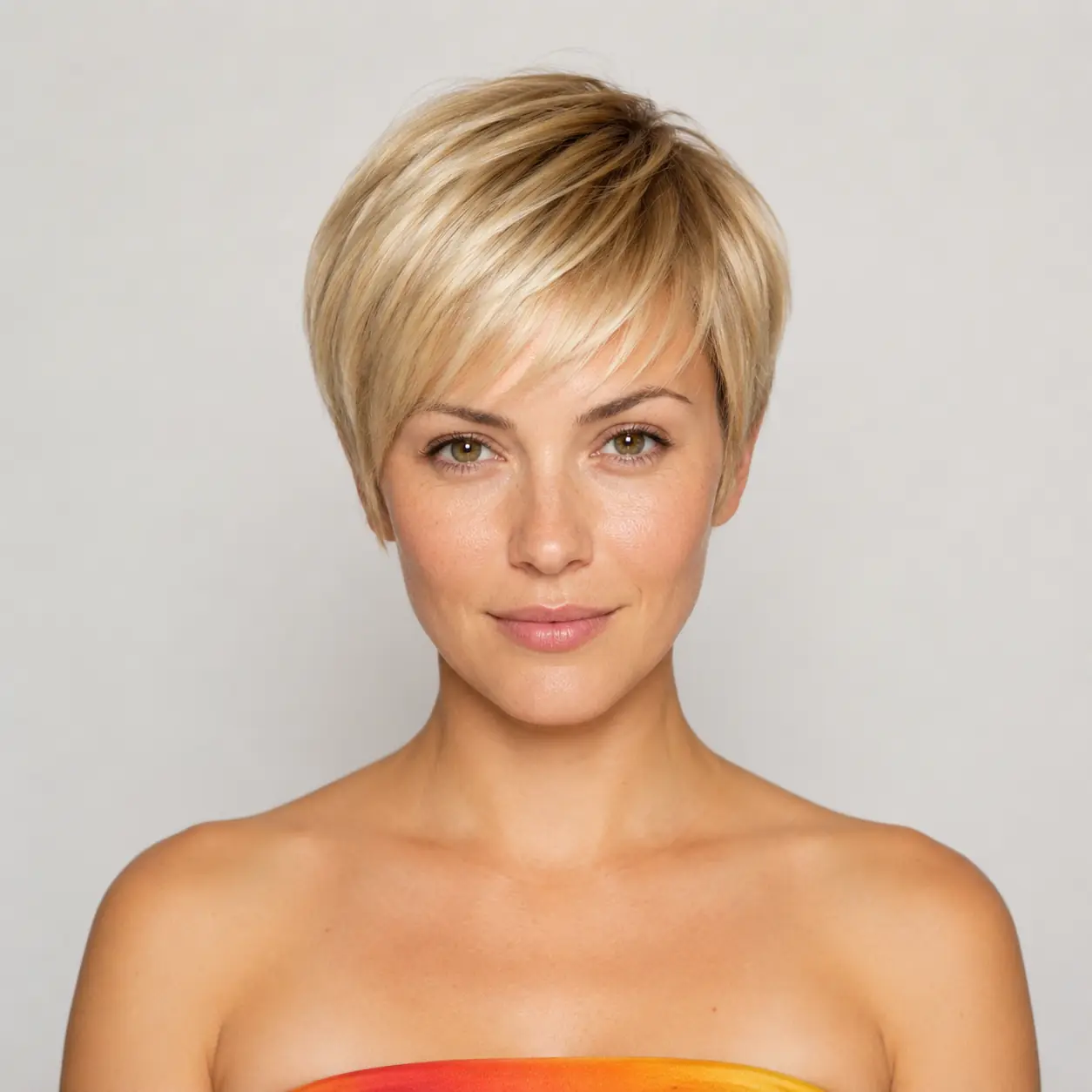 Soft blonde textured pixie with a side-swept fringe and piecey top on fine hair