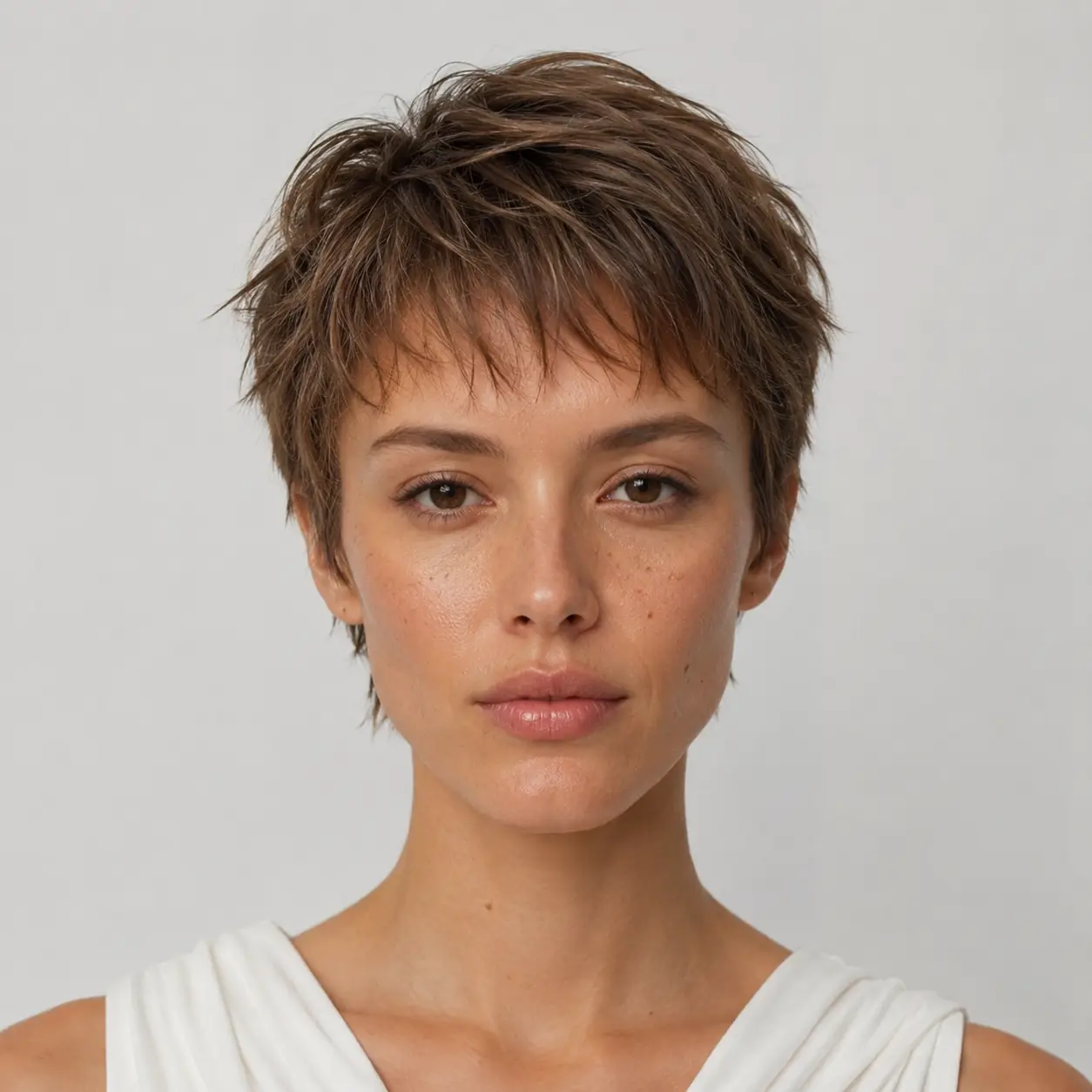 Tousled spiky brown pixie with a piecey top building volume on fine hair