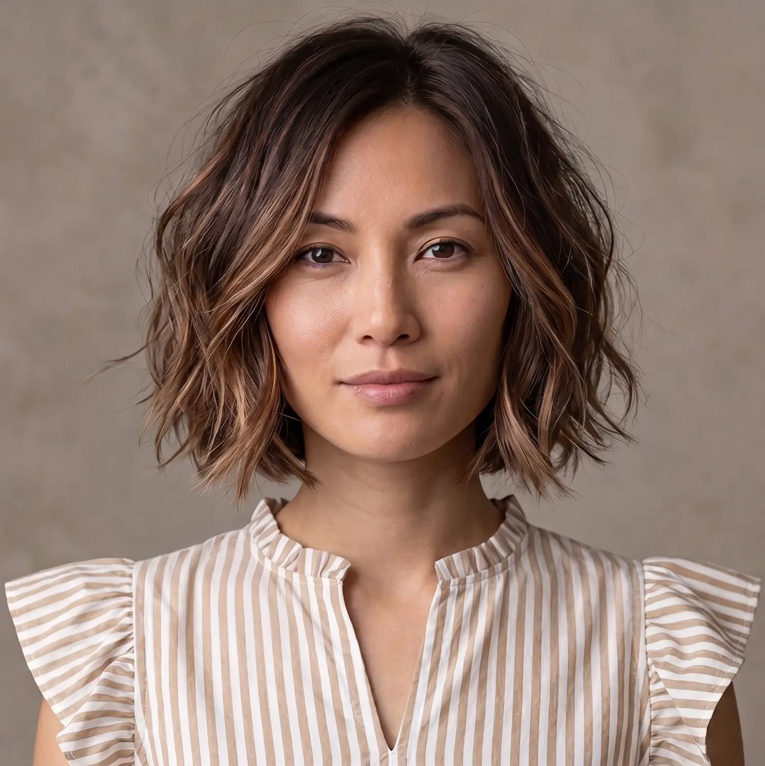Chin-length tousled wavy bob with a warm ombre adding movement and thickness on fine hair