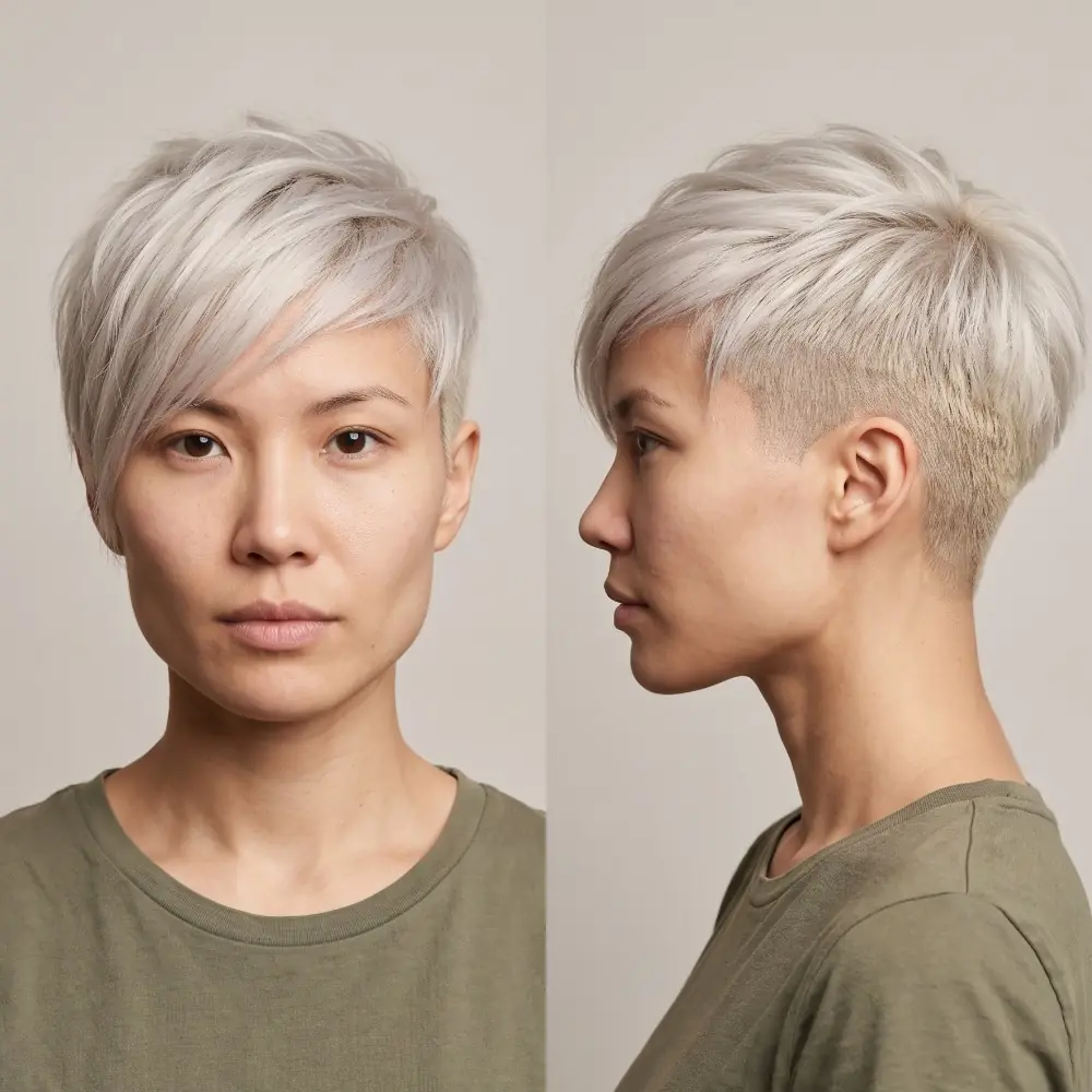 Platinum blonde pixie with a subtle undercut keeping the top full on fine hair