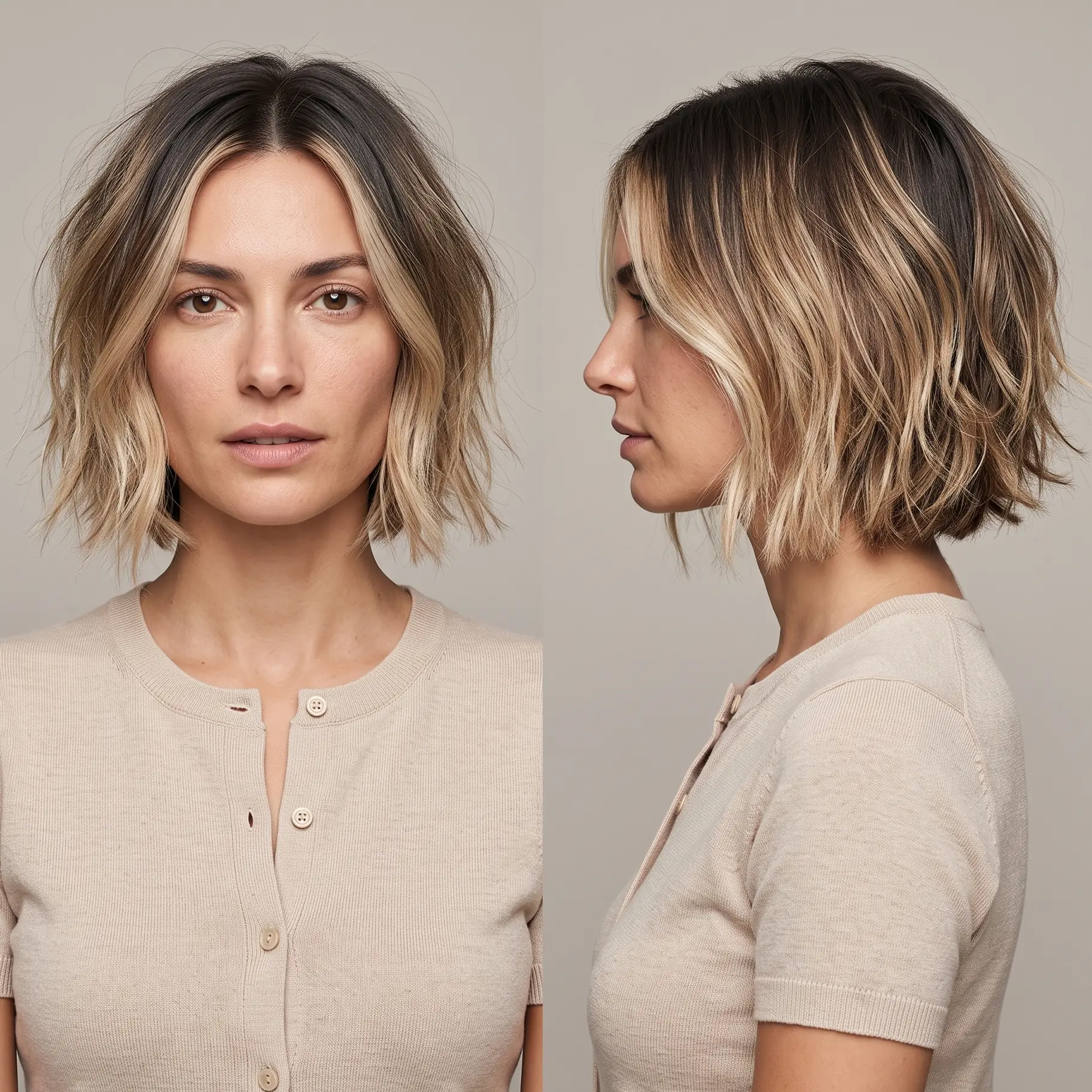 Bronde chin-length bob with tousled waves and a soft ombre faking fullness on fine hair
