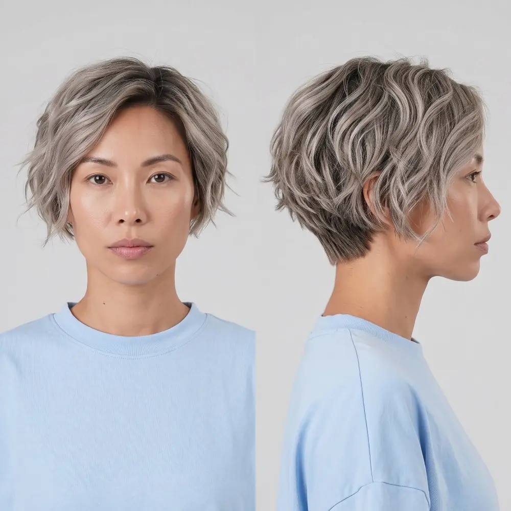 Textured silver pixie with soft waves adding movement and body to fine gray hair