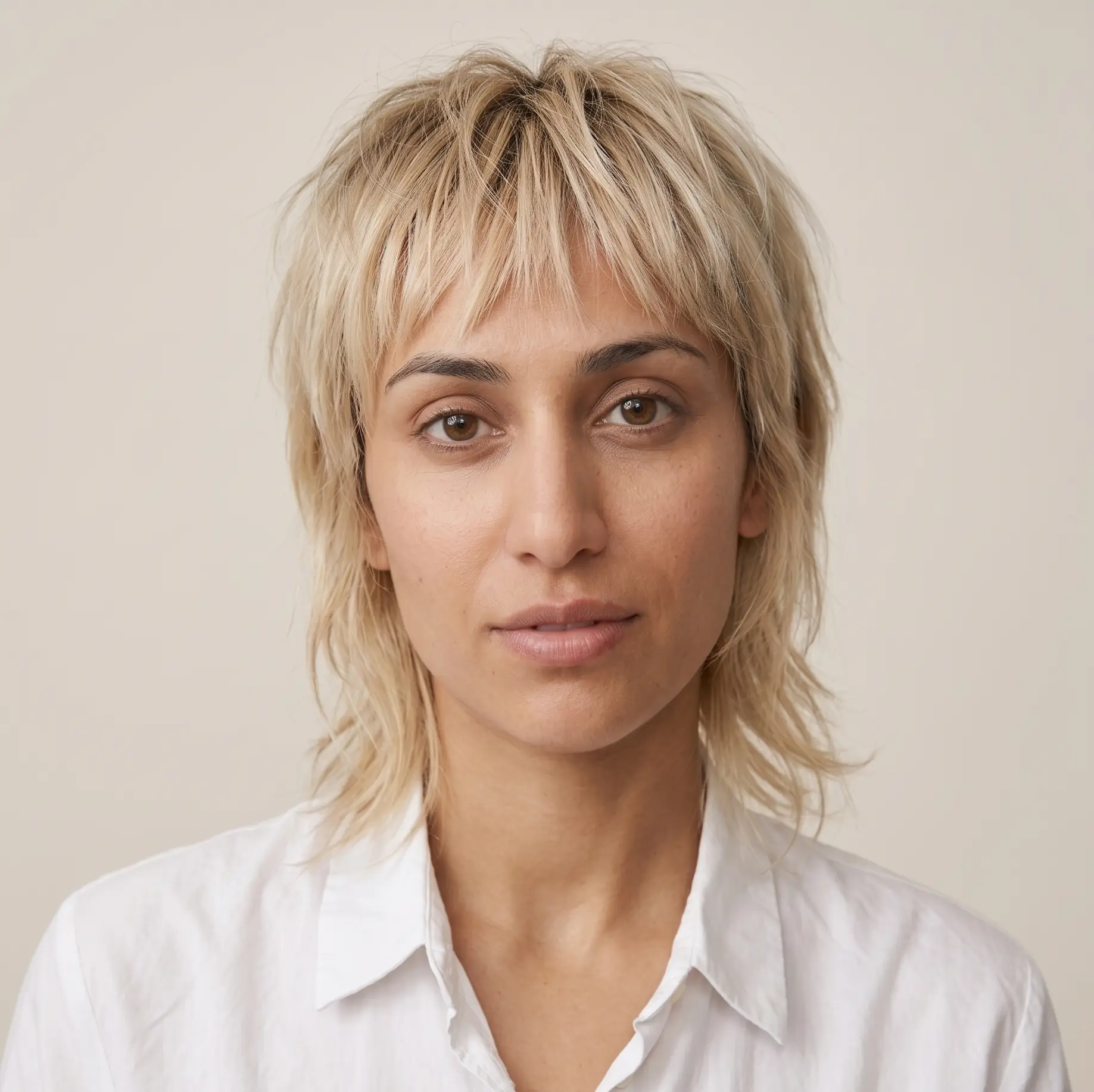 Wispy blonde shag-mixie with airy layers through a soft grown-out shape on fine hair