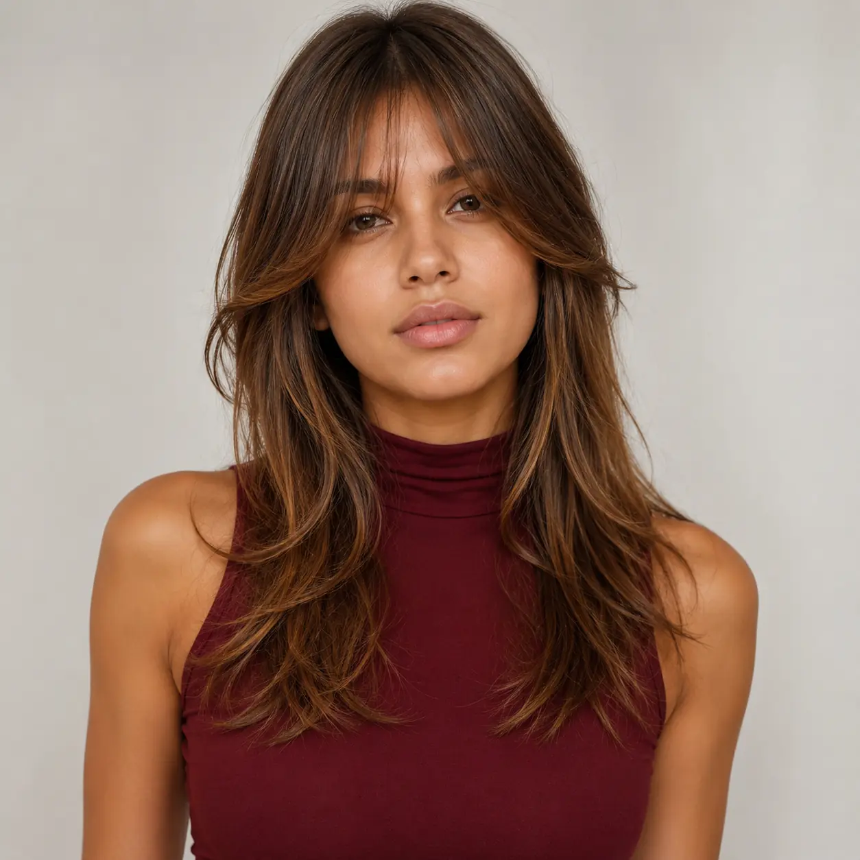 Warm auburn feathered medium shag with curtain bangs, rich and dimensional