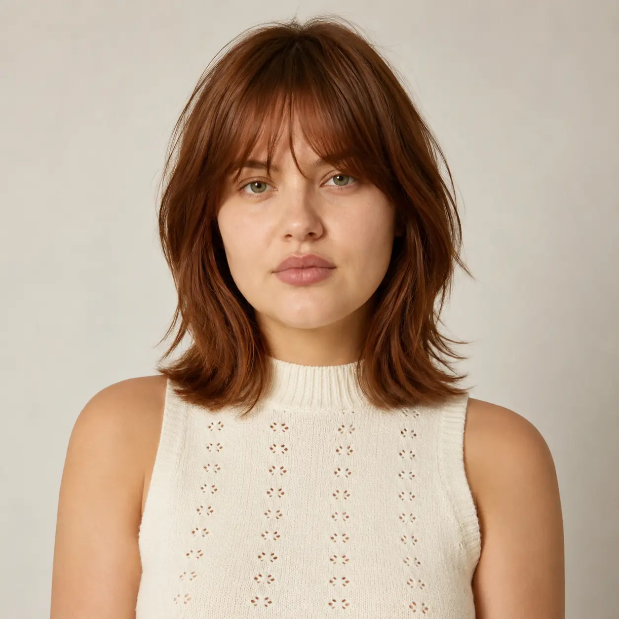 Warm auburn shag with curtain bangs pairing bright color with feathered face-framing texture