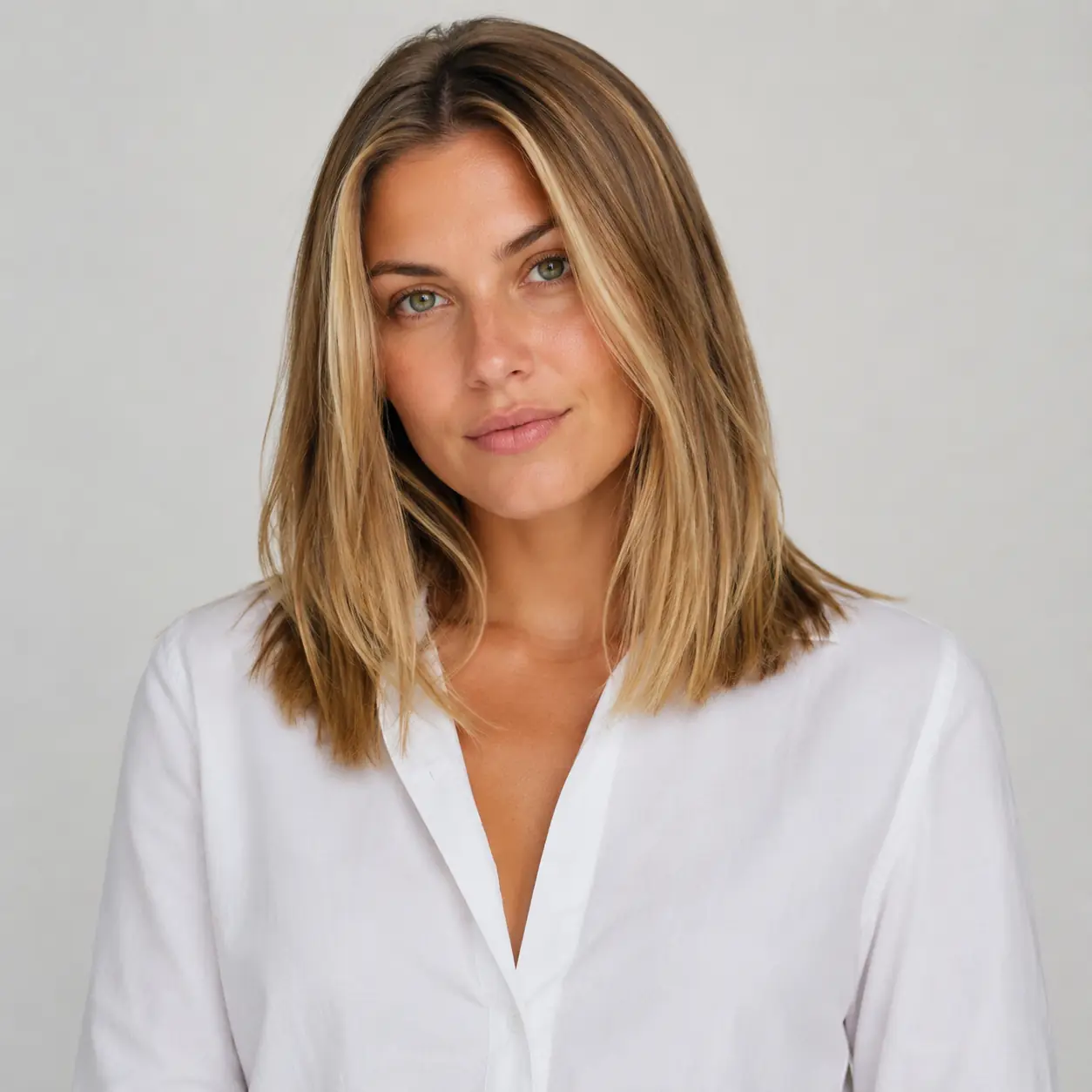 Layered blonde lob with soft balayage, a side part, and gently flicked-out ends